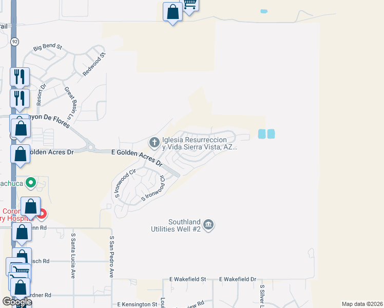 map of restaurants, bars, coffee shops, grocery stores, and more near 3723 South Inca Dove Place in Sierra Vista