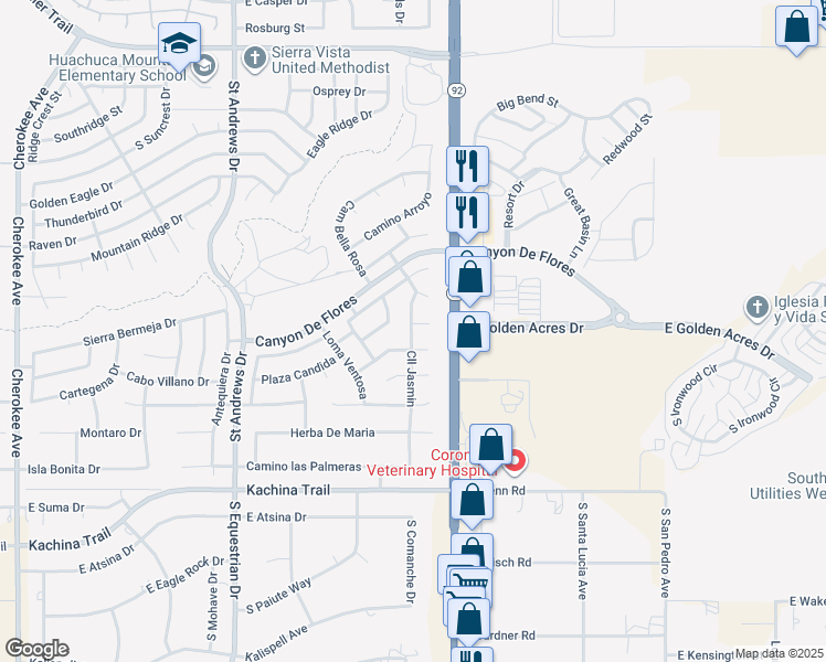 map of restaurants, bars, coffee shops, grocery stores, and more near 3810 Calle Roca in Sierra Vista