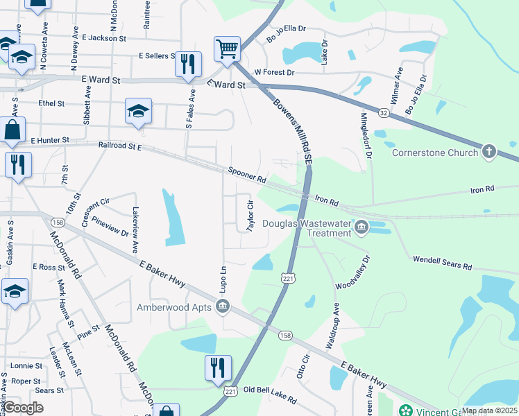map of restaurants, bars, coffee shops, grocery stores, and more near 633 Taylor Circle in Douglas