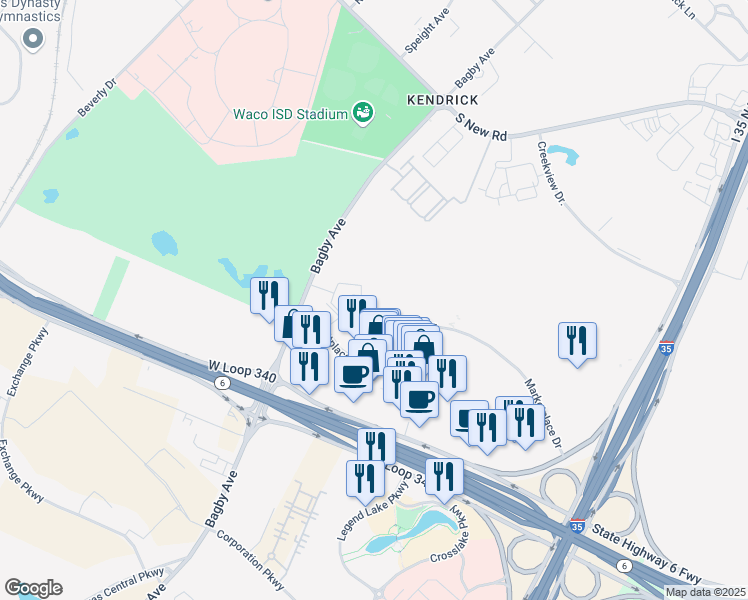 map of restaurants, bars, coffee shops, grocery stores, and more near Marketplace Drive in Waco