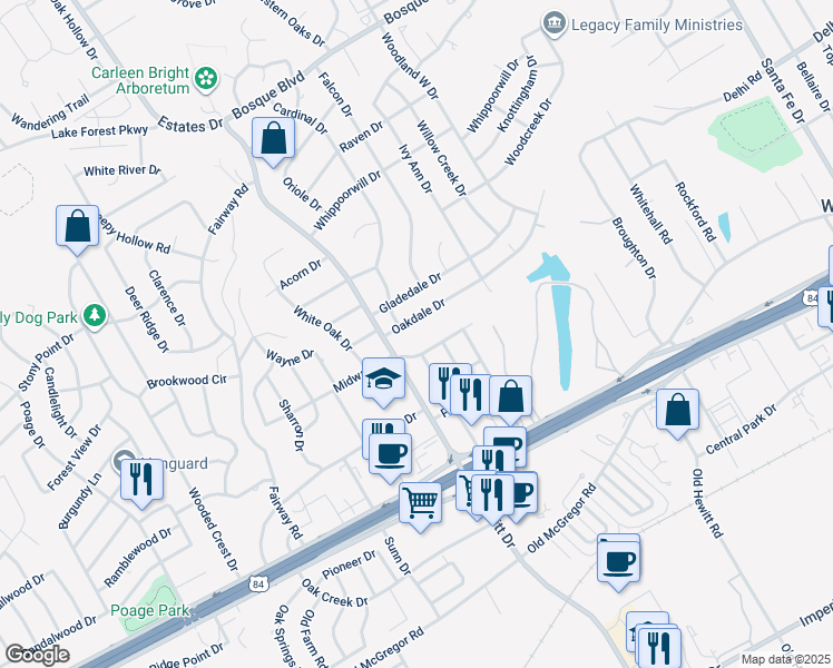 map of restaurants, bars, coffee shops, grocery stores, and more near 8818 Oakdale Dr in Waco
