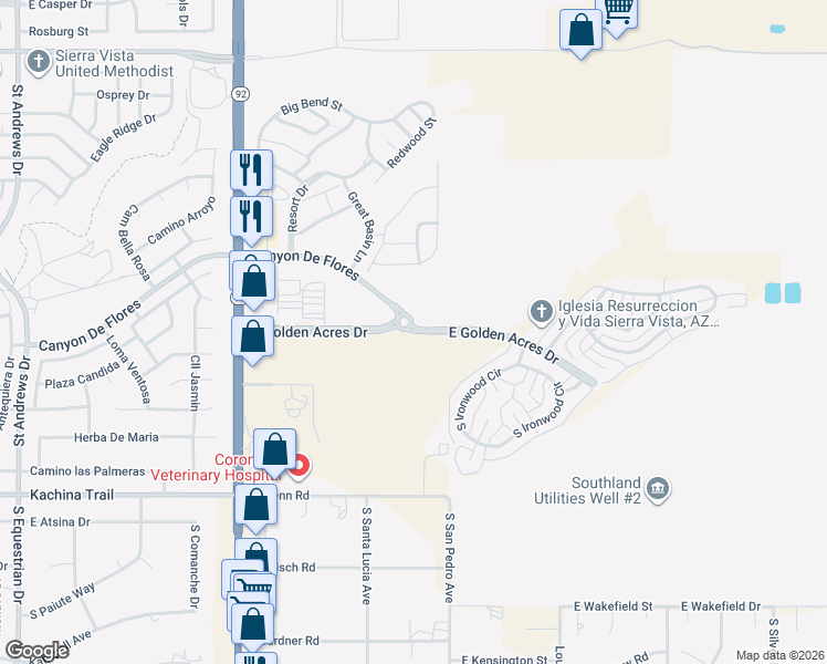 map of restaurants, bars, coffee shops, grocery stores, and more near East Golden Acres Drive in Sierra Vista