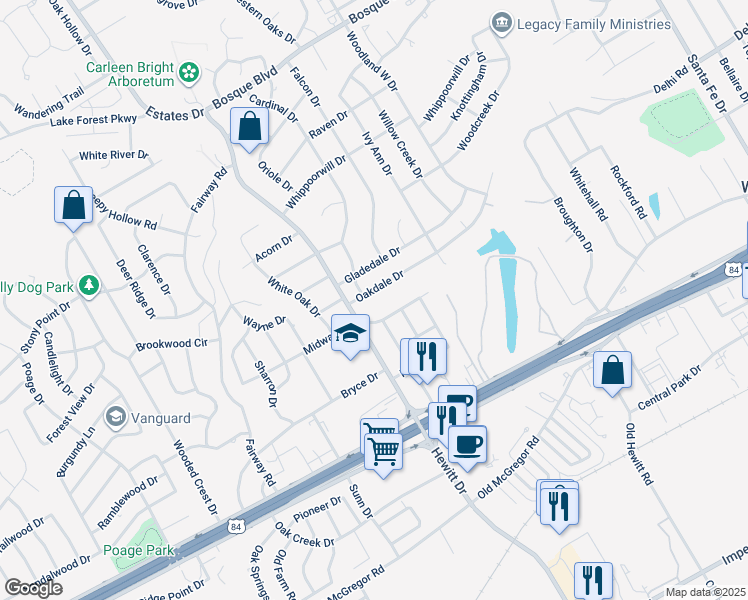 map of restaurants, bars, coffee shops, grocery stores, and more near 8818 Oakdale Drive in Waco