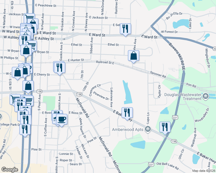 map of restaurants, bars, coffee shops, grocery stores, and more near 708 Hillcrest Drive in Douglas