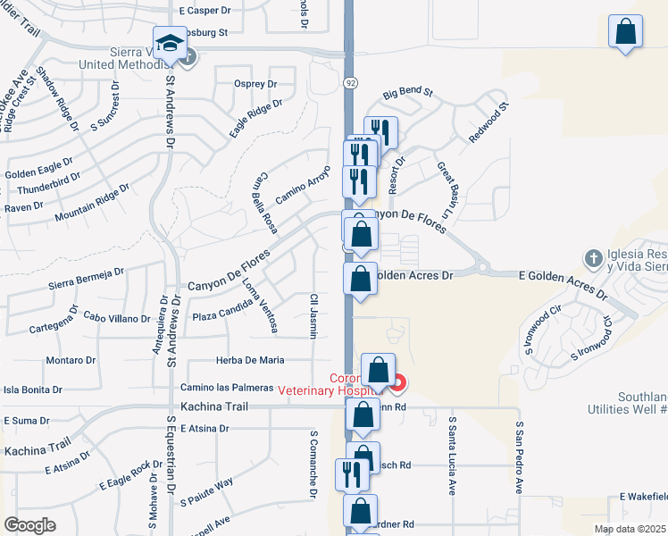 map of restaurants, bars, coffee shops, grocery stores, and more near 3981 Calle Roca in Sierra Vista