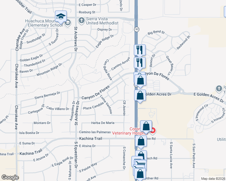 map of restaurants, bars, coffee shops, grocery stores, and more near 3652 Plaza De La Yerba in Sierra Vista