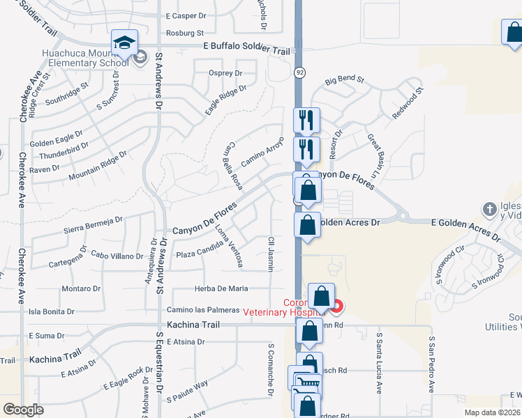 map of restaurants, bars, coffee shops, grocery stores, and more near 3798 Vía El Soreno in Sierra Vista