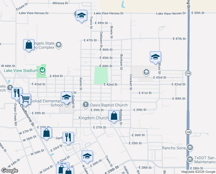 map of restaurants, bars, coffee shops, grocery stores, and more near 500-530 East 42nd Street in San Angelo