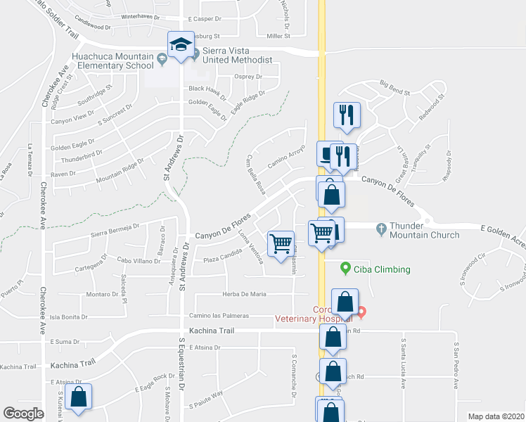 map of restaurants, bars, coffee shops, grocery stores, and more near 3635 Plaza De La Yerba in Sierra Vista