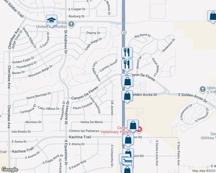 map of restaurants, bars, coffee shops, grocery stores, and more near 3622 Camino el Jardin in Sierra Vista