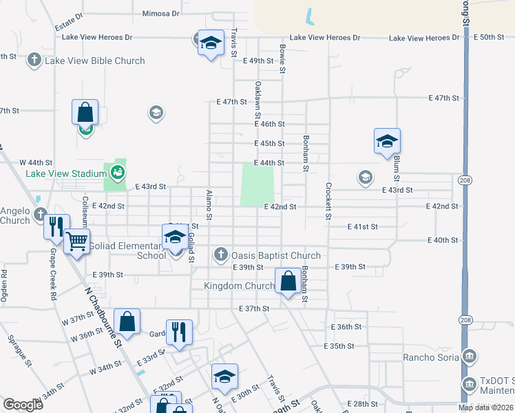 map of restaurants, bars, coffee shops, grocery stores, and more near 500 East 42nd Street in San Angelo
