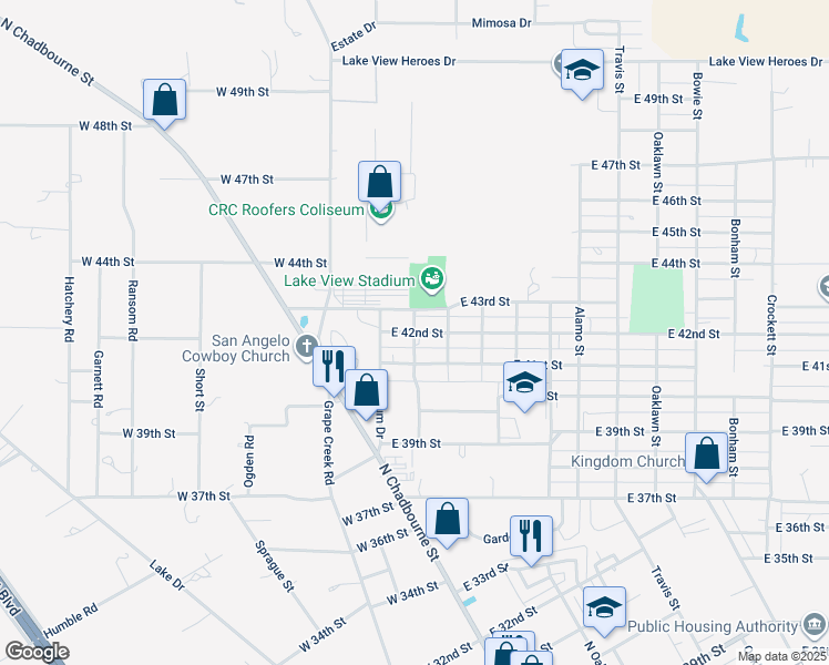 map of restaurants, bars, coffee shops, grocery stores, and more near 42 East 42nd Street in San Angelo