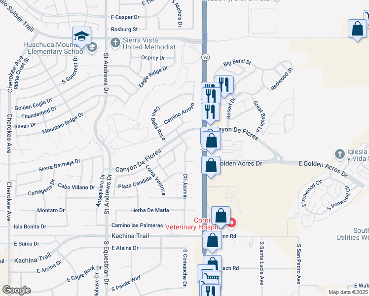 map of restaurants, bars, coffee shops, grocery stores, and more near 3622 Camino el Jardin in Sierra Vista