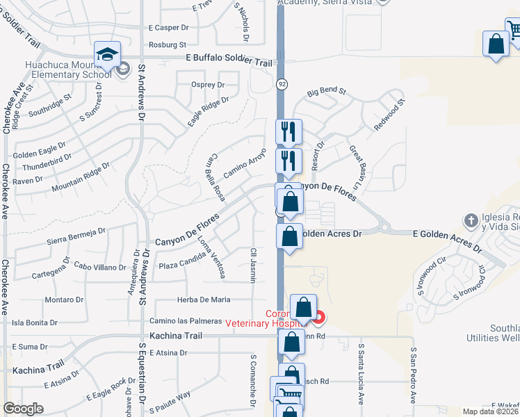 map of restaurants, bars, coffee shops, grocery stores, and more near 3615 Camino el Jardin in Sierra Vista