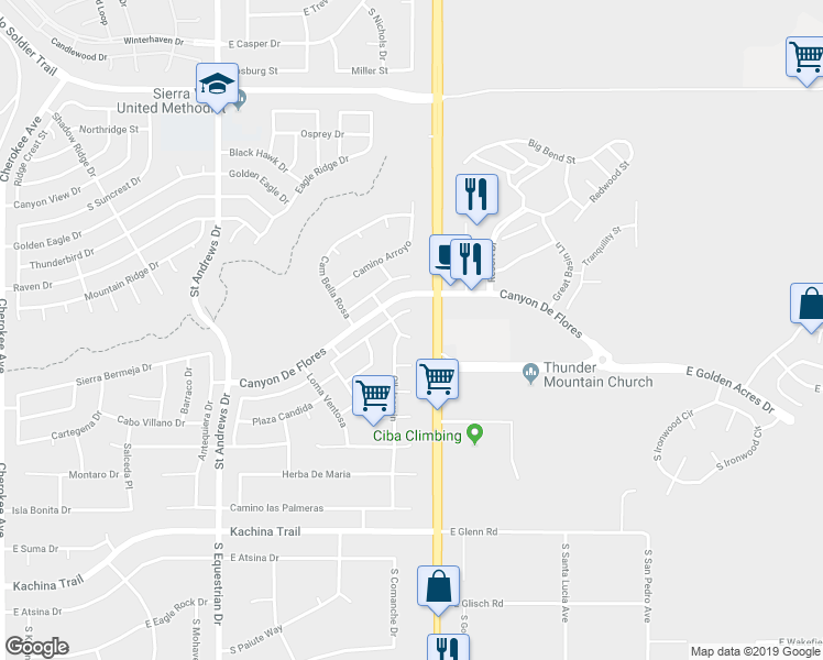 map of restaurants, bars, coffee shops, grocery stores, and more near 3641 Camino el Jardin in Sierra Vista