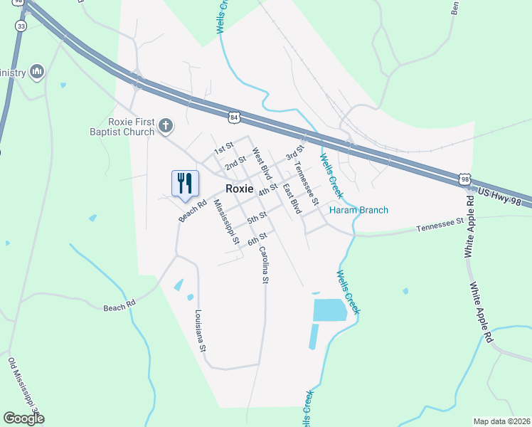 map of restaurants, bars, coffee shops, grocery stores, and more near Alabama Street in Roxie