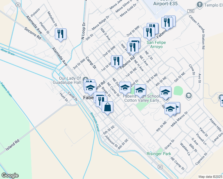 map of restaurants, bars, coffee shops, grocery stores, and more near 200 Northeast Camp Street in Fabens