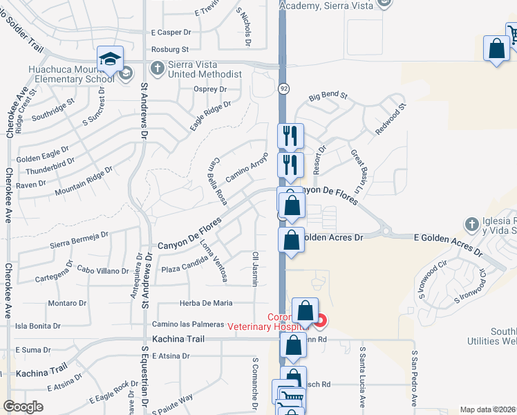 map of restaurants, bars, coffee shops, grocery stores, and more near 3622 Camino el Jardin in Sierra Vista