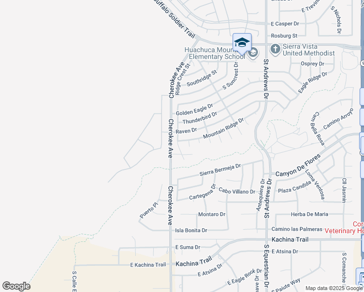 map of restaurants, bars, coffee shops, grocery stores, and more near 3649 Coral Ridge Court in Sierra Vista