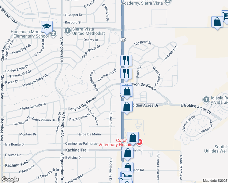 map of restaurants, bars, coffee shops, grocery stores, and more near 3858 Plaza De La Yerba in Sierra Vista
