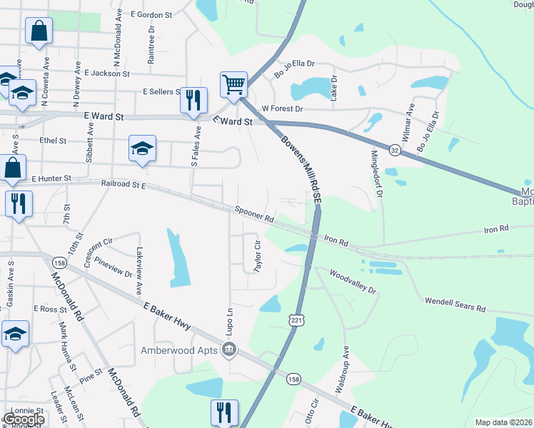 map of restaurants, bars, coffee shops, grocery stores, and more near 1707 Spooner Road in Douglas