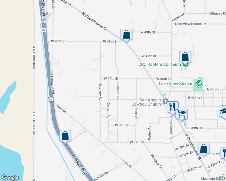 map of restaurants, bars, coffee shops, grocery stores, and more near 4201-4399 Ransom Rd in San Angelo