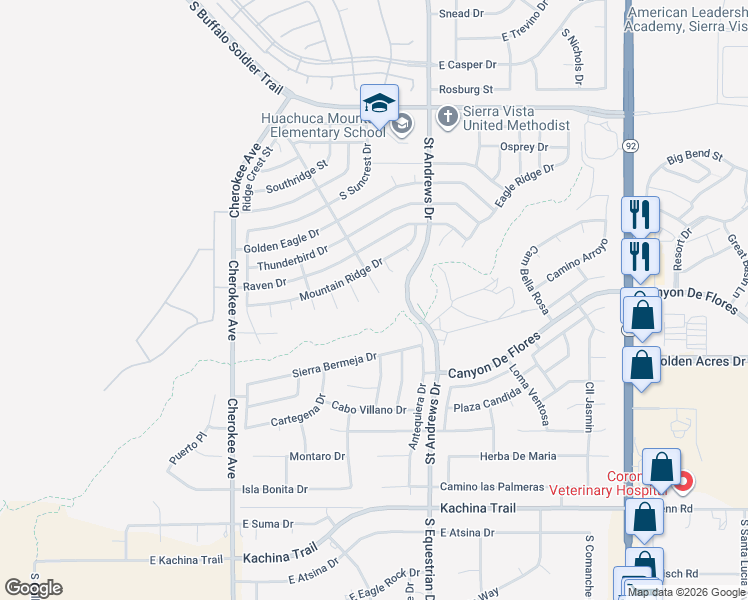 map of restaurants, bars, coffee shops, grocery stores, and more near 3667 Dragoon Court in Sierra Vista