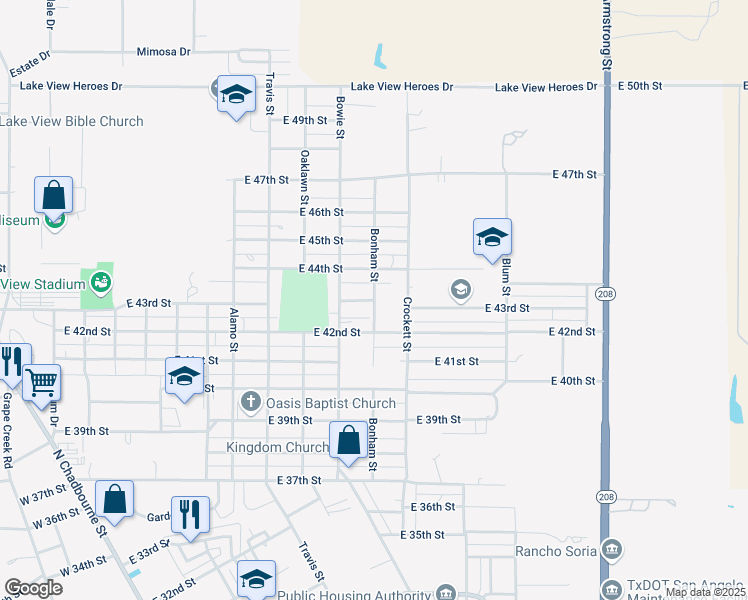 map of restaurants, bars, coffee shops, grocery stores, and more near 4300 Bonham Street in San Angelo