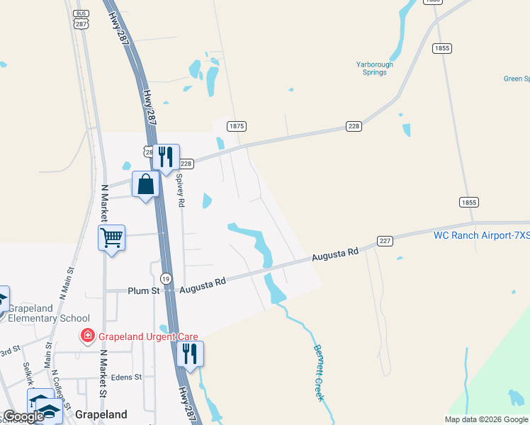 map of restaurants, bars, coffee shops, grocery stores, and more near 806 el Camino Road in Grapeland