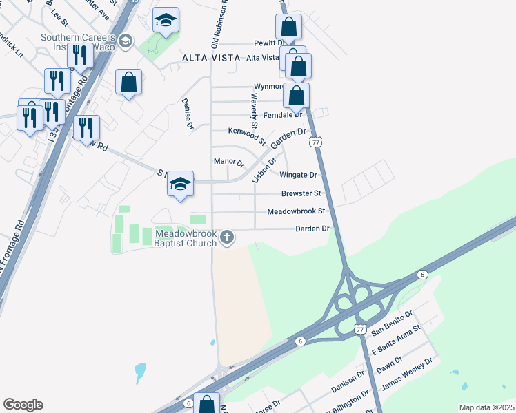 map of restaurants, bars, coffee shops, grocery stores, and more near 132 Brewster Street in Robinson