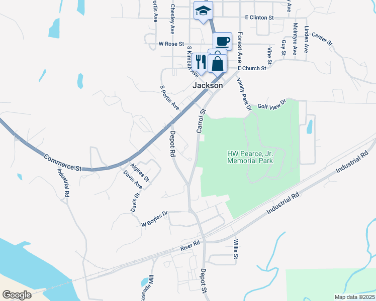 map of restaurants, bars, coffee shops, grocery stores, and more near Carrol Street in Jackson
