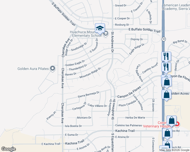 map of restaurants, bars, coffee shops, grocery stores, and more near 3637 Palehorse Court in Sierra Vista