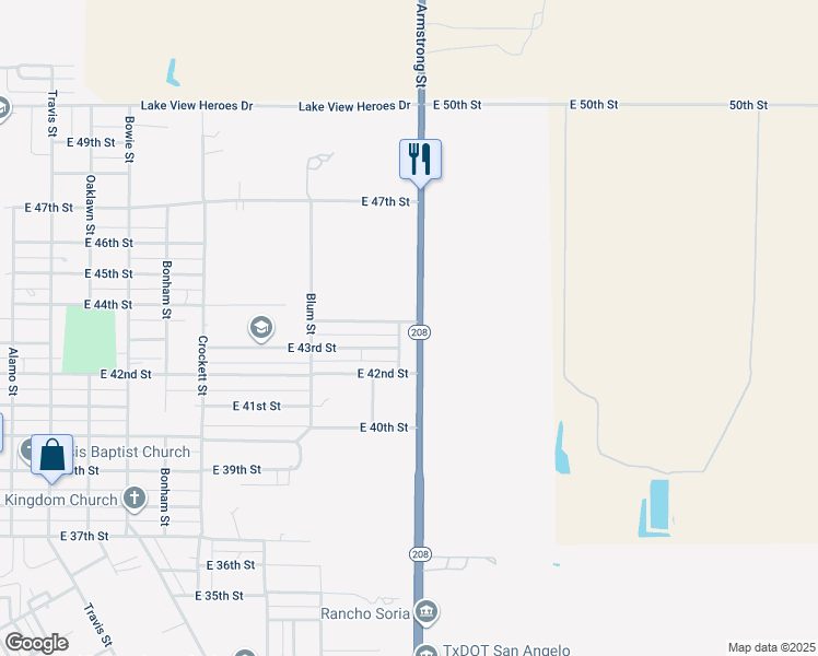 map of restaurants, bars, coffee shops, grocery stores, and more near 1151-1199 East 44th Street in San Angelo