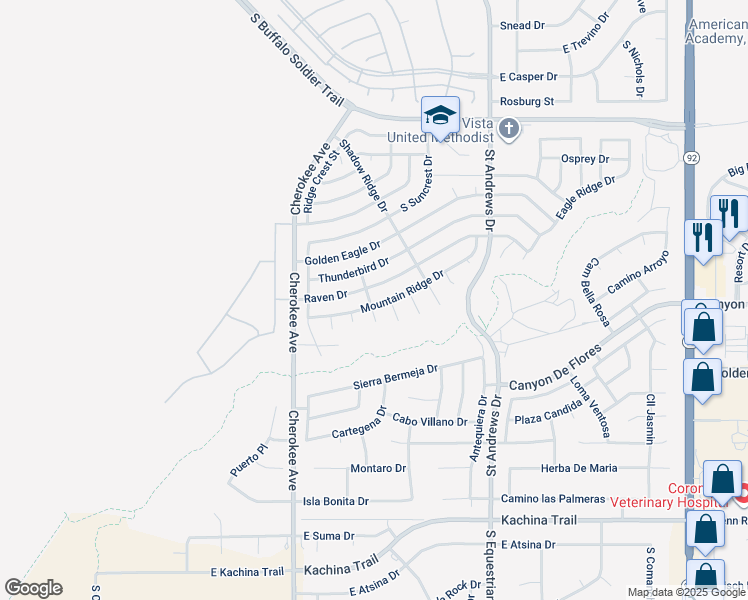 map of restaurants, bars, coffee shops, grocery stores, and more near 2727 Mountain Ridge Drive in Sierra Vista