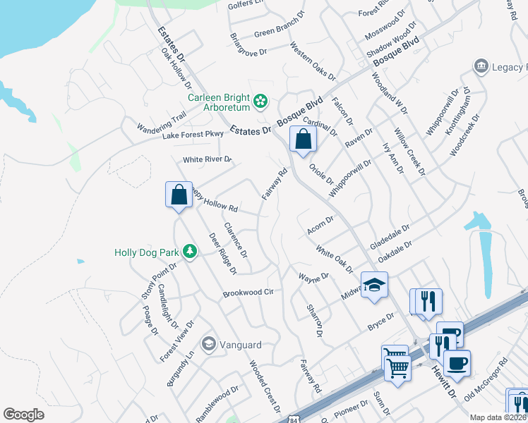 map of restaurants, bars, coffee shops, grocery stores, and more near 901 Fairway Road in Waco