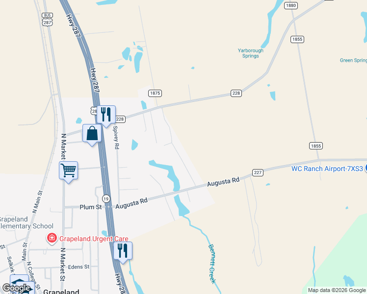 map of restaurants, bars, coffee shops, grocery stores, and more near 806 el Camino Road in Grapeland