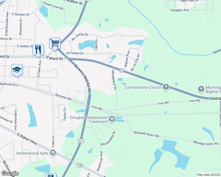 map of restaurants, bars, coffee shops, grocery stores, and more near 122 Bowens Mill Road Southeast in Douglas