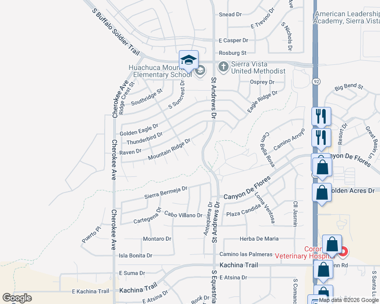 map of restaurants, bars, coffee shops, grocery stores, and more near 3667 Dragoon Court in Sierra Vista