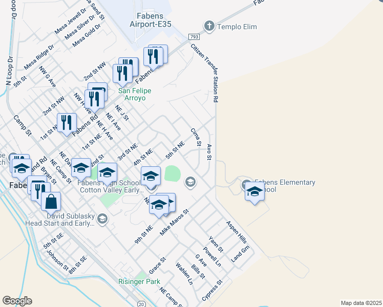 map of restaurants, bars, coffee shops, grocery stores, and more near 1250 Brisa Street in Fabens