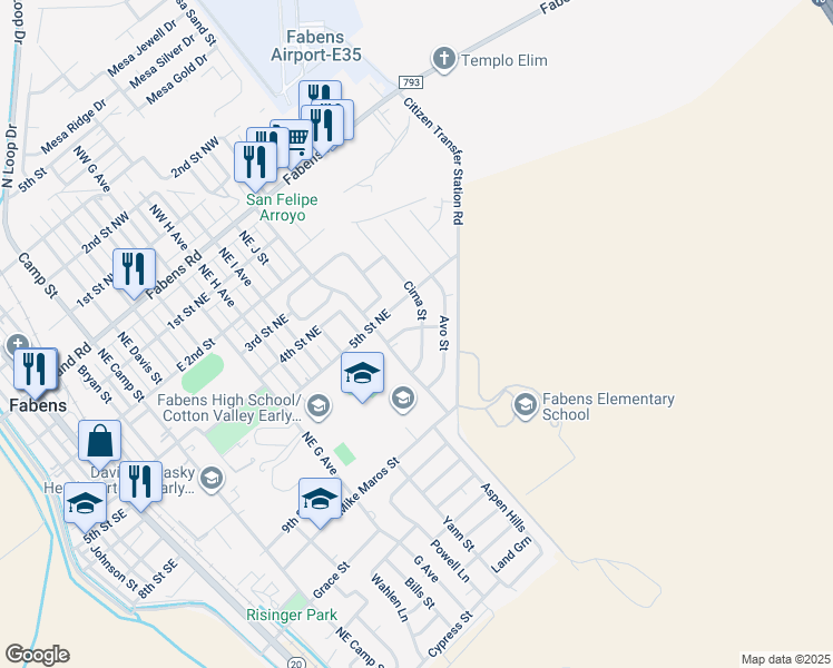 map of restaurants, bars, coffee shops, grocery stores, and more near 1250 Brisa Street in Fabens