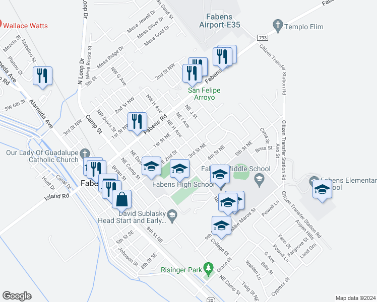 map of restaurants, bars, coffee shops, grocery stores, and more near 320 Northeast H Avenue in Fabens