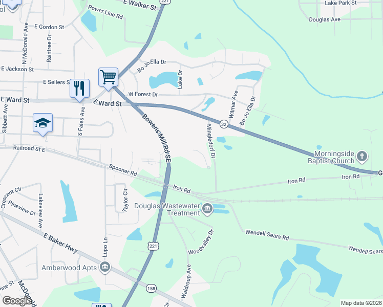 map of restaurants, bars, coffee shops, grocery stores, and more near 122 Bowens Mill Road Southeast in Douglas