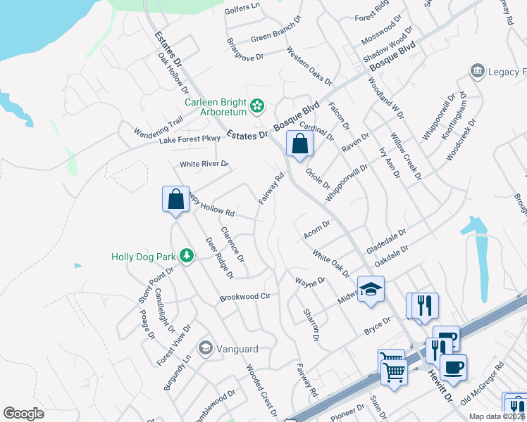 map of restaurants, bars, coffee shops, grocery stores, and more near 901 Fairway Road in Waco