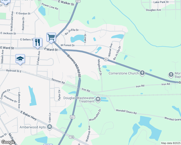 map of restaurants, bars, coffee shops, grocery stores, and more near 122 Bowens Mill Road Southeast in Douglas