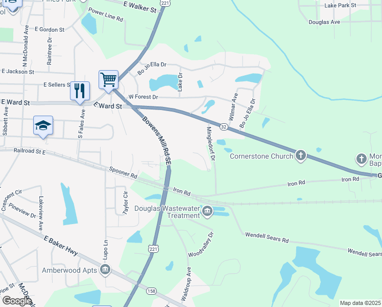 map of restaurants, bars, coffee shops, grocery stores, and more near 122 Bowens Mill Road Southeast in Douglas