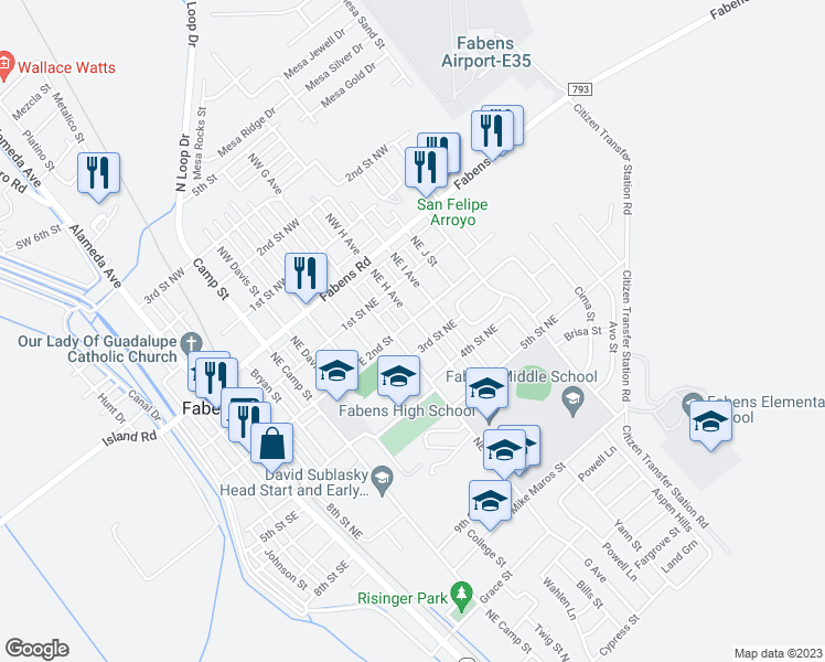 map of restaurants, bars, coffee shops, grocery stores, and more near 320 Northeast H Avenue in Fabens