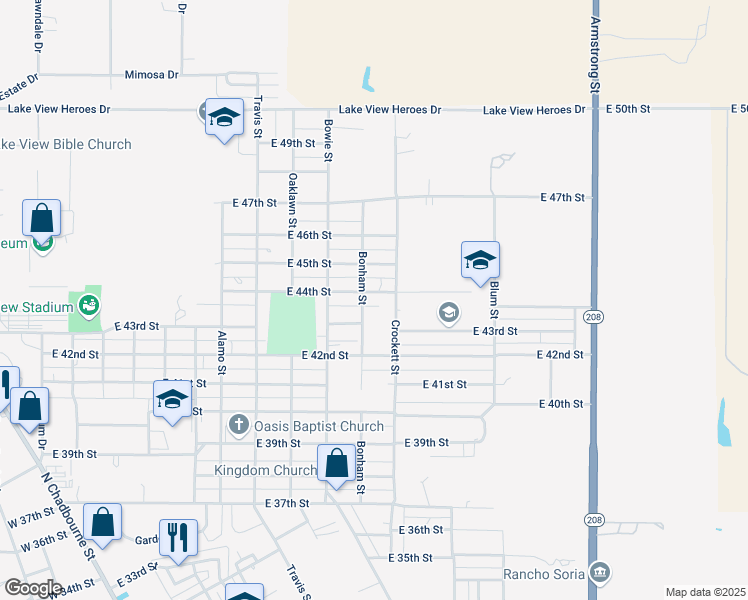 map of restaurants, bars, coffee shops, grocery stores, and more near 4300-4398 Bonham Street in San Angelo