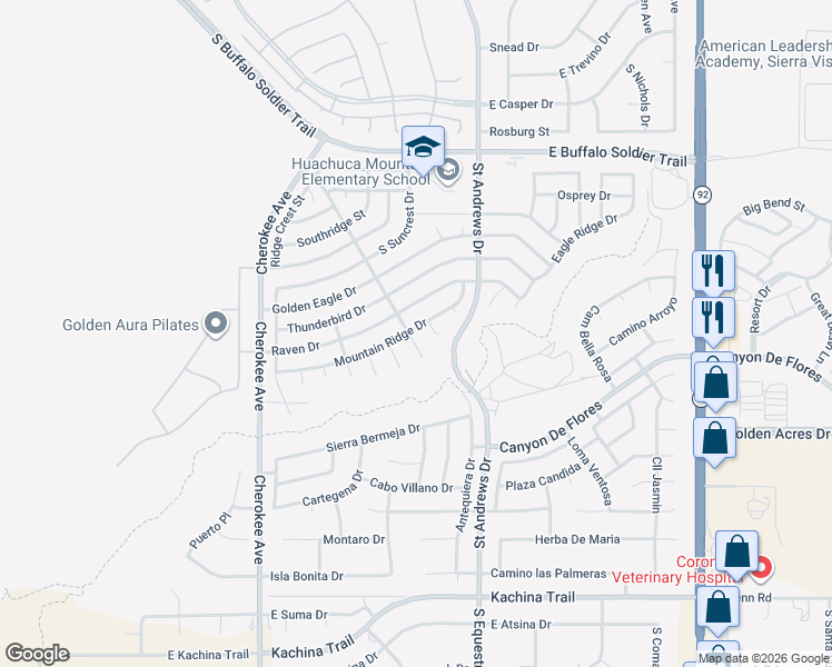 map of restaurants, bars, coffee shops, grocery stores, and more near 3615 Dragoon Court in Sierra Vista