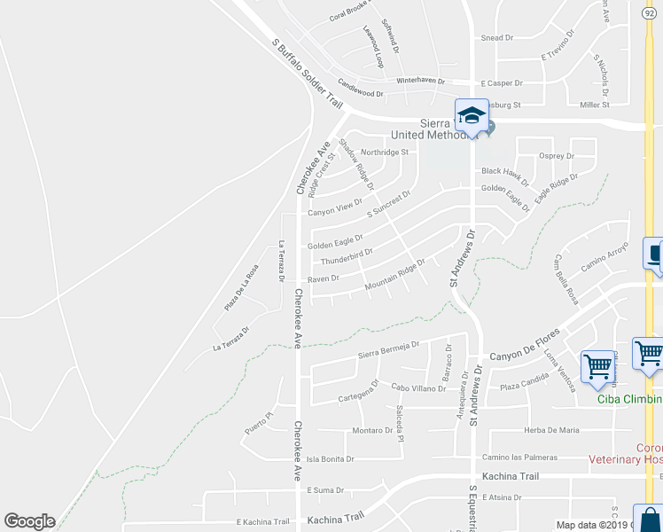 map of restaurants, bars, coffee shops, grocery stores, and more near 2490 Thunderbird Drive in Sierra Vista