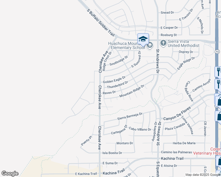 map of restaurants, bars, coffee shops, grocery stores, and more near 2490 Thunderbird Drive in Sierra Vista